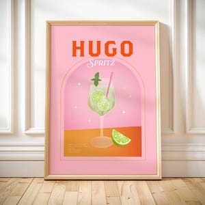 Hugo spritz print printable cocktail recipe art girly bar gift idea for her bar cart decor kitchen wall art Hugo spritz poster drinks gift