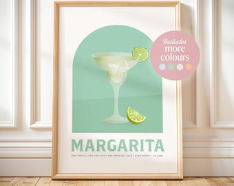 Op de afbeelding: Een printbare digitale kunstprint met een margaritacocktail met een limoenwig en ijsblokjes. De print heeft een groene achtergrond en de tekst "MARGARITA" en "50ML TEQUILA | 25ML LIME JUICE | 20ML TRIPLE SEC | ZOUT | 2 LIME WEDGES | IJSCUBES".
