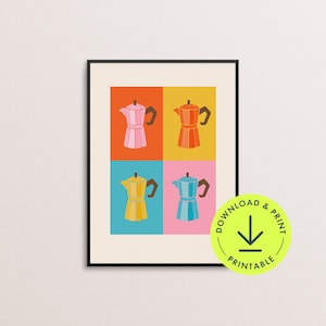 May include: A digital art print featuring four colorful illustrations of a classic Italian coffee pot, or Moka pot, in a pop art style. The background is divided into four squares, each with a different color: red, yellow, blue, and pink. The coffee pots are all the same shape, but each has a different color: pink, orange, yellow, and blue.