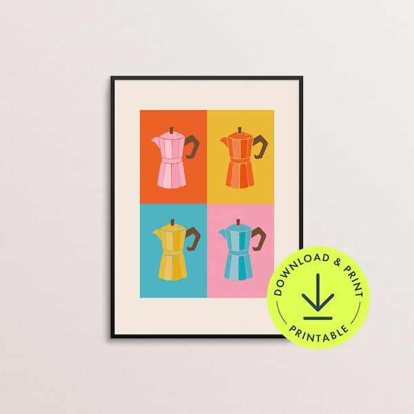 Colourful Moka pot Coffee print Pop Art print coffee Wall Art coffee Printable coffee bar print trendy coffee station decor Coffee shop