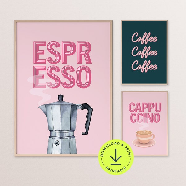 Retro pink Coffee print Printable coffee bar gallery set of 3 Vintage trendy coffee poster Kitchen decor Coffee Shop Sign coffee bar sign