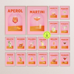 Juego de 18 carteles de cócteles elegantes para imprimir en la pared, bebidas como aperol, spritz, limoncello, espresso, martini, margarita, gin, negroni, mojito, piña colada