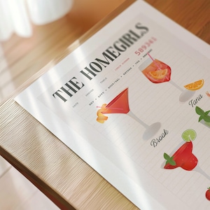 Op de afbeelding: Een print met de tekst "THE HOMEGIRLS" en illustraties van cocktails. De print bevat de woorden "DATE", "SERVER", "TABLE" en "CHECK NUMBER". De cocktails zijn in tinten rood en oranje.