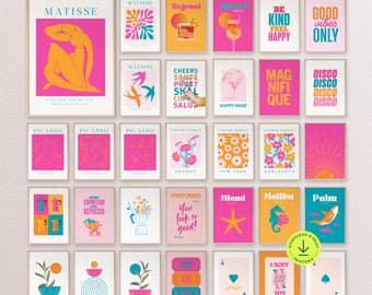 May include: A set of 25 printable wall art posters featuring a variety of designs in a retro style. The posters feature bright colours, including pink, yellow, blue, and orange, and include text such as "Good vibes only", "Happy Hour", "More Espresso Less Depresso", and "Lucky You".