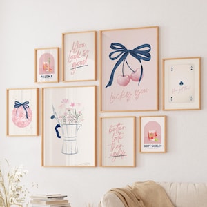 Trendy pink blue wall art set of 45 bow print preppy aesthetic dorm decor coquette apartment poster printable girl room decor navy blue pink