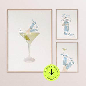 Coastal Cowgirl Boot Print 3er Set blau grün Martini Cocktail Poster druckbar kokett Schleife Wandkunst lustiger Bar Print trendige Barwagen Dekor