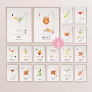 Conjunto de cartas de baralho de pôster de coquetel clássico com 18 receitas de coquetéis minimalistas para impressão, arte de parede de cozinha, presente de bebida para carrinho de bar em casa