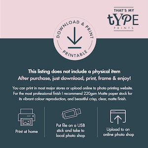 May include: A digital download instruction graphic with a light pink top and dark gray bottom. It features the text THAT'S MY TYPE PRINTS, a download icon, and instructions for printing at home, using a USB stick, or uploading to an online shop.
