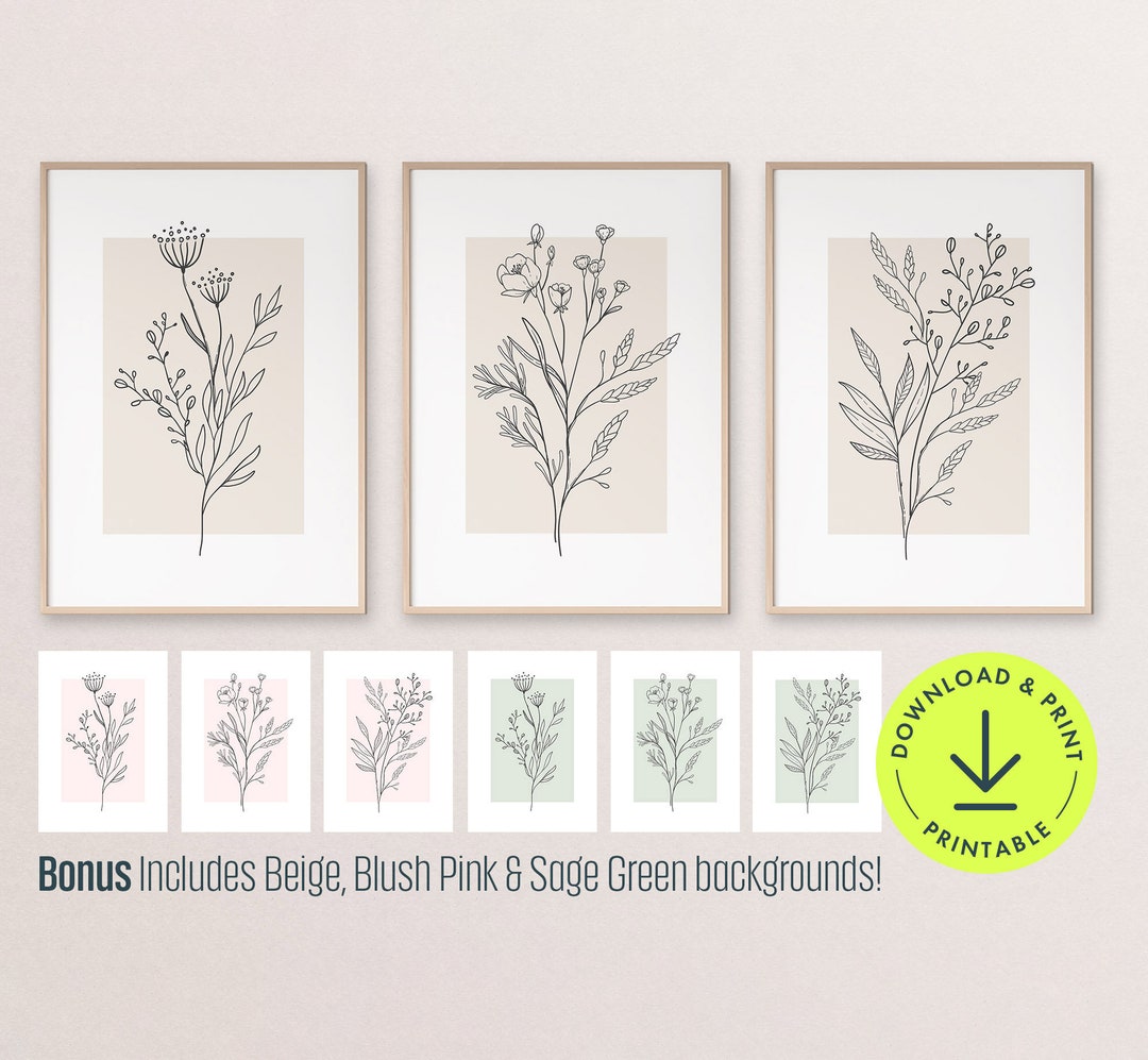 Floral Line Art Print Set: Neutral Botanical Wall Decor (digital ...
