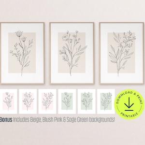 Neutral flower floral botanical print line art set of 3 flower wall art bedroom gallery wall pink and sage green floral living room decor