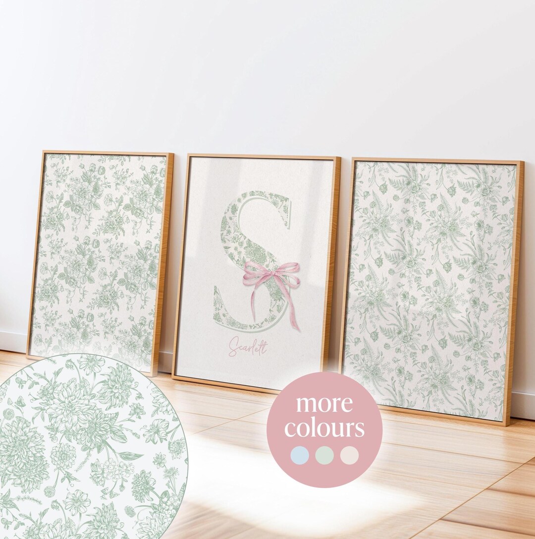 Floral Initial Name Print Set: Custom Nursery Art, Chinoiserie Monogram ...