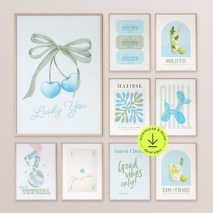 Blue Green wall art set of 9 trendy dorm room decor preppy aesthetic gallery print bundle teen girls bedroom poster apartment art printable
