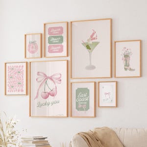 Juego de 9 impresiones artísticas de pared con lazos en color verde salvia y rosa, decoración coqueta para dormitorio de adolescente, apartamento universitario preppy, arte con lazo imprimible femenino