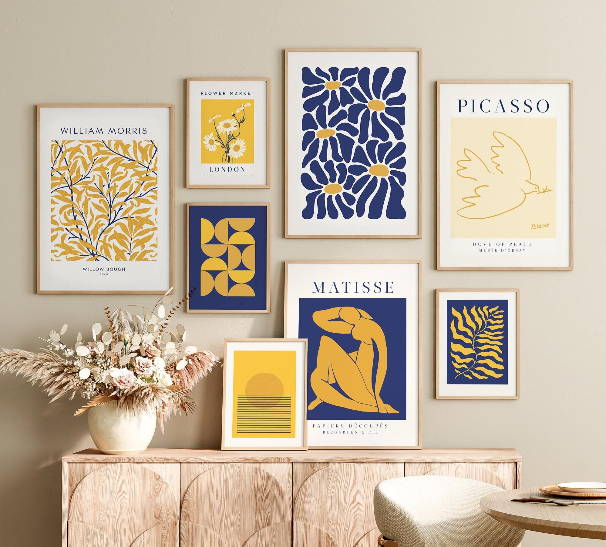 Abstract Gallery Wall Art Set: Navy, Yellow, Floral Prints