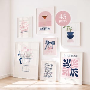 45 blush pink & navy blue print set printable bundle preppy girl room decor cute wall art cocktail posters flower print coquette bow art