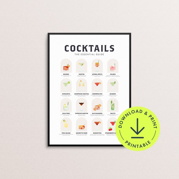 Cocktail guide wall art print Cocktail Recipe print essential Cocktail guide printable Retro Cocktail mixology print trendy bar cart decor