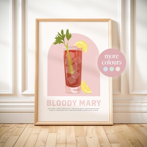 Impresión de cóctel Bloody Mary, impresión de cóctel retro, póster de cóctel imprimible para cocina, descargable, decoración de carrito de bar de cóctel Bloody Mary