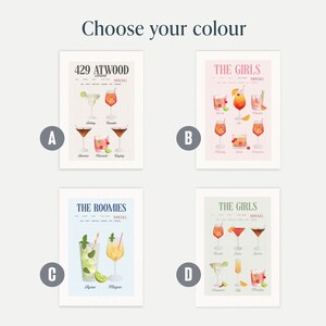 Op de afbeelding: Vier ingelijste kunstdrukken met cocktailillustraties. Elke print heeft een ander ontwerp, inclusief tekst zoals "429 ATWOOD" en "THE GIRLS". De prints zijn gelabeld A, B, C en D, en de tekst "Choose your colour" staat bovenaan.