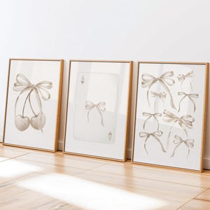 Trendy beige bow wall art set of 3 printable bow print preppy dorm gift for girl college apartment poster cute nursery coquette cherry print