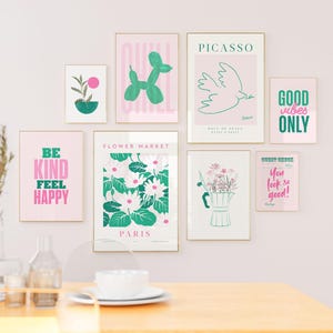 Preppy aesthetic pink green print bundle maximalist gallery wall set printable teen girl room decor trendy dorm room decor for college girls