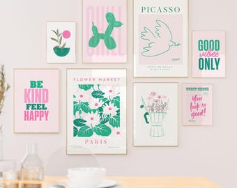Pink Green Gallery Wall Art Set: Preppy Dorm Decor (Digital Download)