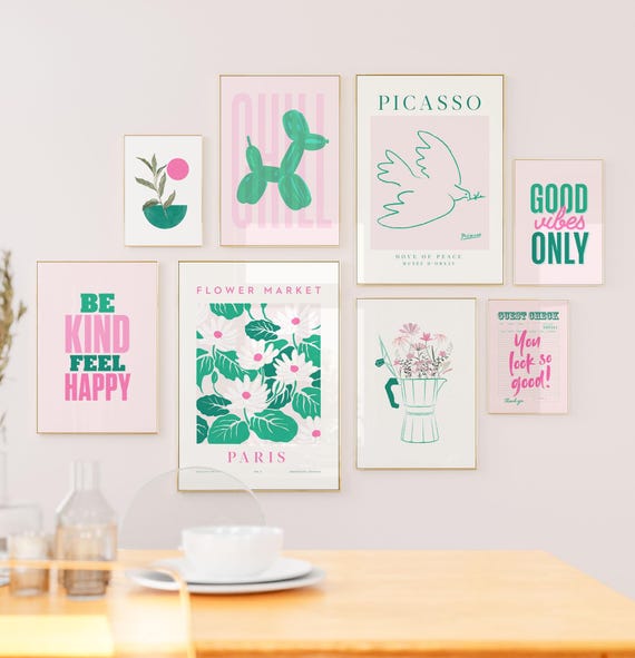 Pink Green Gallery Wall Art Set: Preppy Dorm Decor (digital