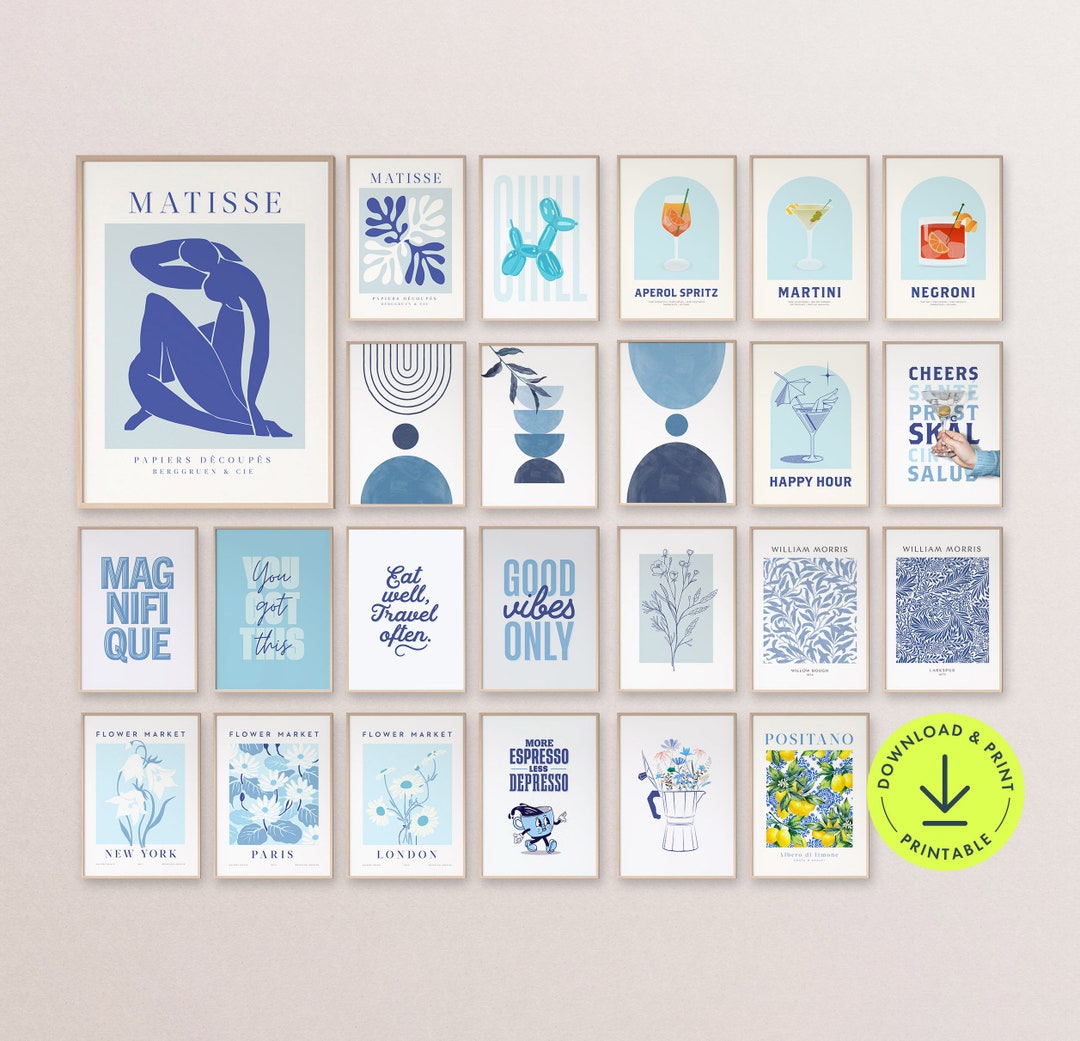 Blue Wall Art Print Bundle Preppy Aesthetic Gallery Wall Set Blue ...