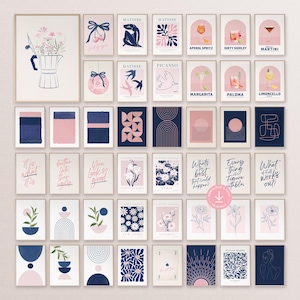 Pink blue girl wall decor print bundle of 45 navy wall art printable gallery set bedroom poster pink dorm decor college apartment aesthetic