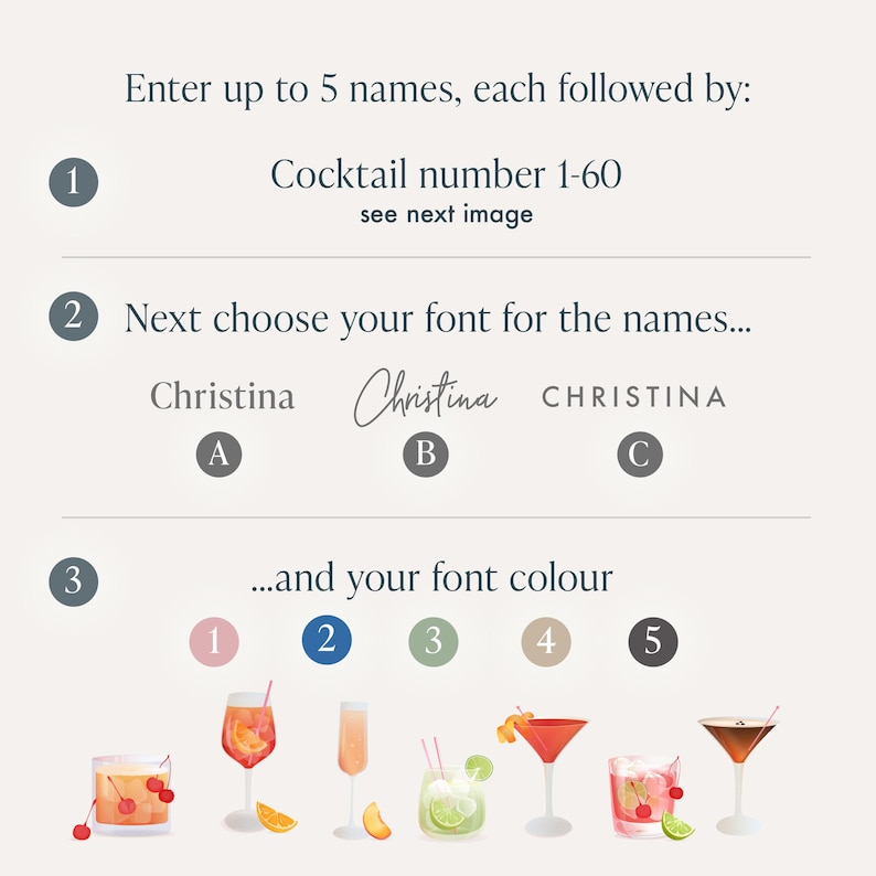 May include: A customization guide featuring three steps: entering up to 5 names with cocktail numbers 1-60, selecting from three font styles labeled A, B, and C, and choosing from five numbered font colors alongside six illustrated cocktail glasses.