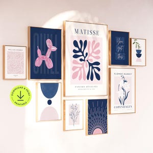 Ensemble d'affiches esthétiques bleu marine et rose, décoration de dortoir tendance, chambre d'adolescentes, décoration de salon moderne, impression botanique rose