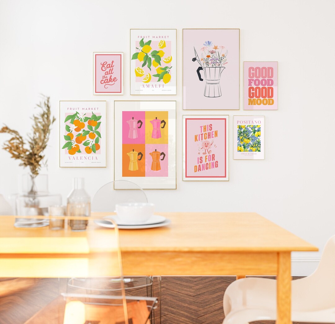 Modern Kitchen Decor Eclectic Orange Pink Kitchen Wall Print Bundle ...