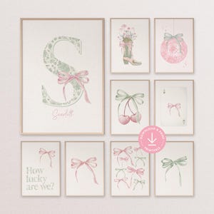Trendy green pink bow custom name initial print set of 9 printable bow wall art preppy apartment coquette nursery decor dorm gift for girl