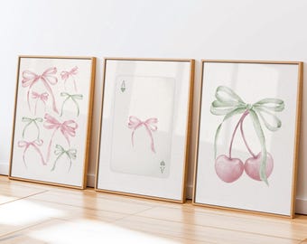 Coquette Bow Print Set: Green Pink Ribbon Wall Art (Digital Download)