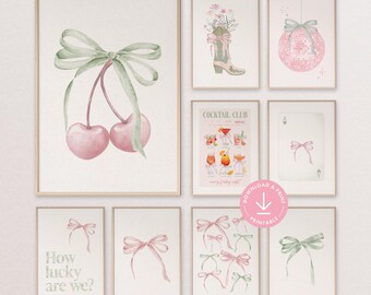 Coquette Bow Print Set: Pink & Green Ribbon Posters (Digital Download)