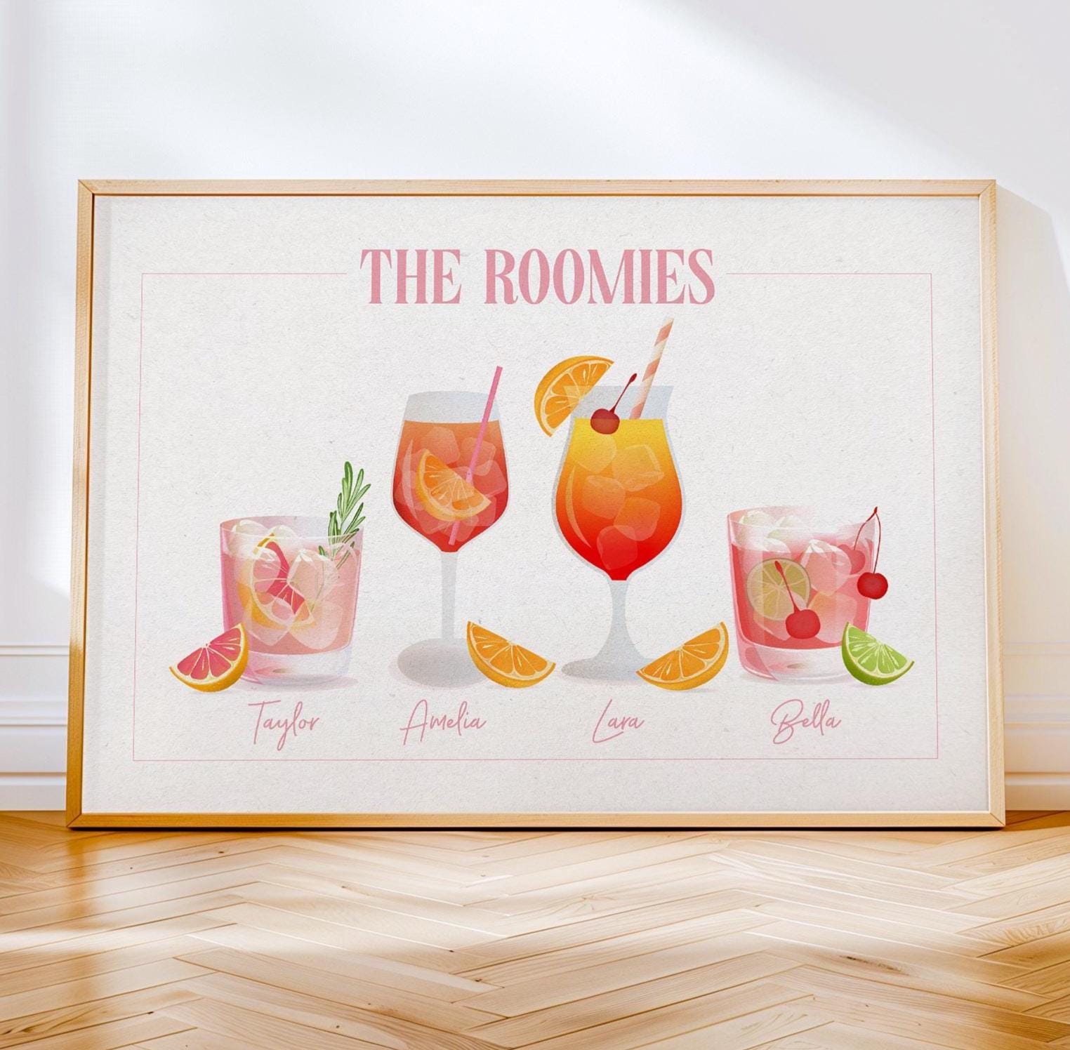 Custom roommates drink print personalised name cocktail poster trendy kitchen bar cart decor college apartment roomie gift idea girls dorm