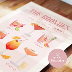 Custom roommates as drinks print friends name gift art couples print cocktail bar wall art personalised friendship poster custom guest check