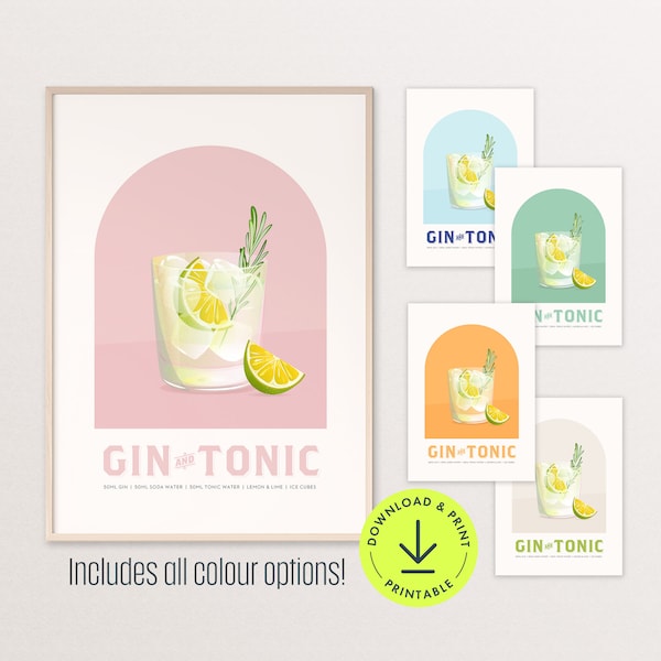 Gin and Tonic cocktail Print bar sign bar printable art kitchen cocktail poster bar print trendy Bar Cart Decor gin lover gift girly decor