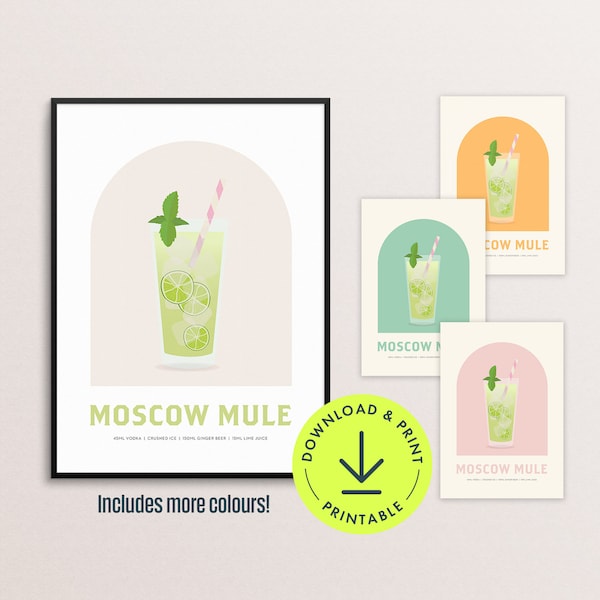 Moscow Mule cocktail Print Retro Cocktail Print Moscow Mule Printable Cocktail Poster downloadable Moscow Mule Cocktail pink Bar Cart decor
