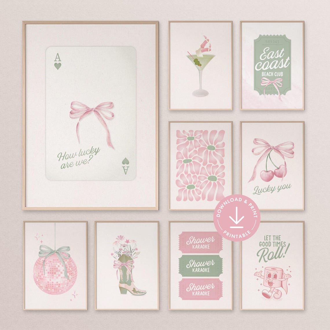 Pink & Sage Green Wall Art Print Set: Coastal Cowgirl Room Decor ...