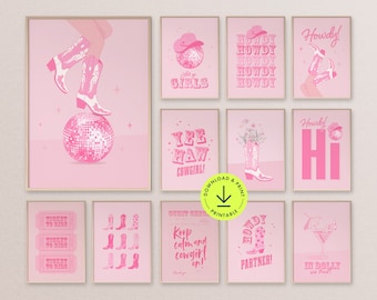May include: A set of ten printable pink and white wall art prints with a western theme. The prints feature cowboy boots, hats, and sayings like "Howdy!" and "Yee Haw! Cowgirl!"