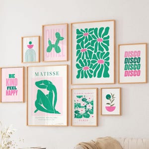Pink and green print set of 32 preppy aesthetic poster bundle gallery wall printable teen girl room decor trendy dorm room decor modern art