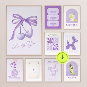 Purple wall art set 9 trendy dorm room decor preppy aesthetic gallery print bundle teen girls bedroom poster apartment printable gin & tonic
