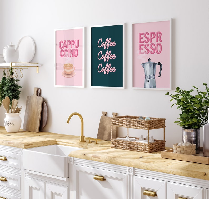 set of 8 kitchen prints, coffee print set, fork spoon... Retro Pink Coffee Print Set: Trendy Coffee Bar Decor (digital Download ...