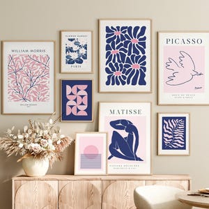 Juego de 8 impresiones de arte abstracto moderno para pared, en azul marino y rosa, para galería, póster de estética bohemia, con estampado floral, para exposición, con flores de Matisse.