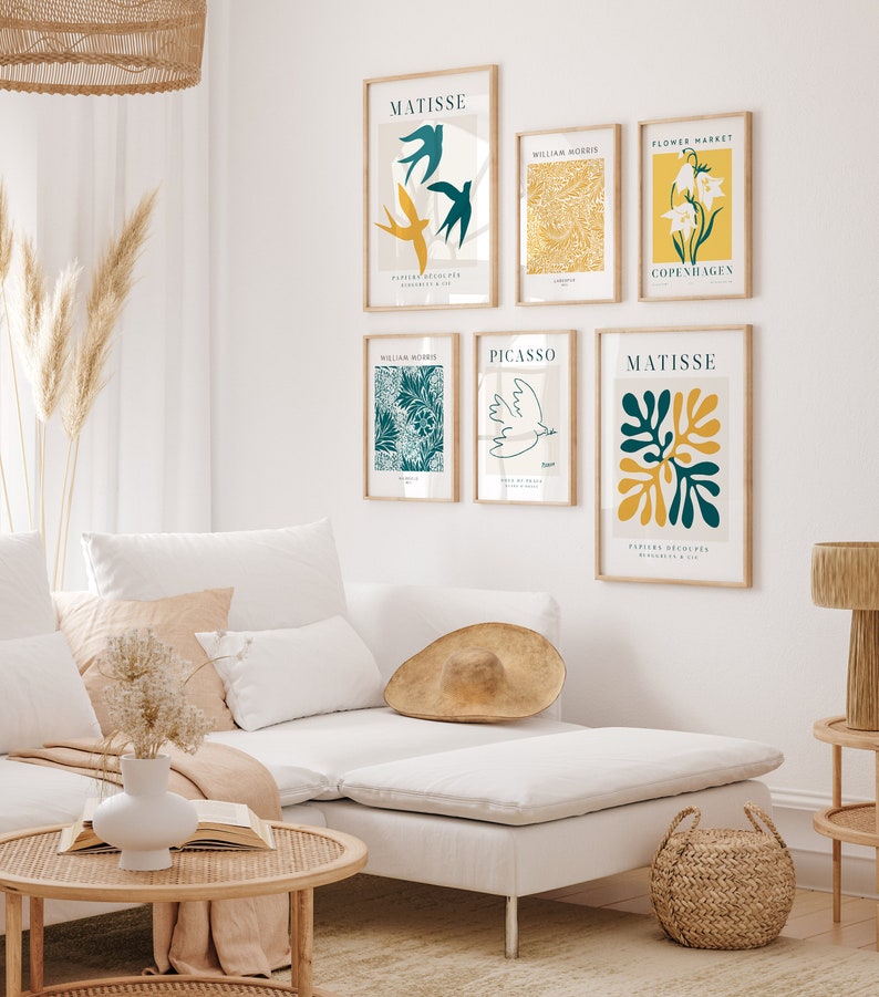 Mustard Yellow & Teal Green Print Set Gallery Wall Art Aesthetic Poster