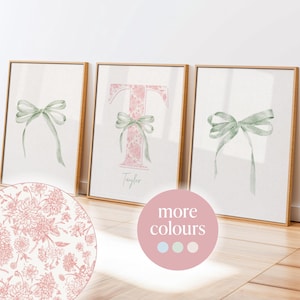 Juego de 3 impresiones artísticas con nombre inicial personalizado y lazo verde, arte de pared imprimible para guardería, lazo coqueto, regalo para dormitorio de niña, letrero floral personalizado para bebé