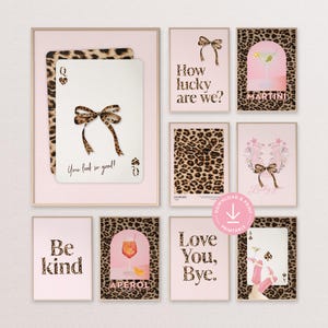 Conjunto de 9 impresiones de arte de pared con estampado de leopardo, decoración de dormitorio rosa, póster rosa moderno, dormitorio de adolescente, apartamento universitario preppy, arte de lazos imprimible femenino