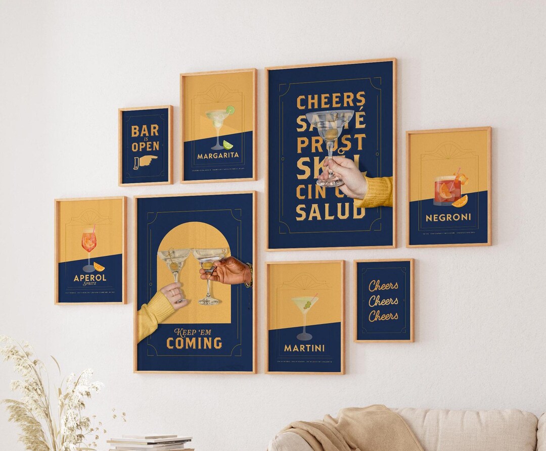 Bar Gallery Wall Set of 18 Retro Bar Cart Prints Modern Bar Wall Art ...