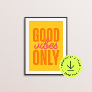 Amarillo brillante cita arte de la pared feliz cocina impresiones descargables colorido cita cartel Buenas vibraciones sólo adolescentes decoración del dormitorio de moda