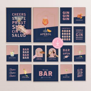 Juego de 18 impresiones de carritos de bar de color rosa, galería de arte de pared para chicas, carteles de cócteles imprimibles para apartamentos universitarios, ideas de regalo para bebidas para el bar de casa